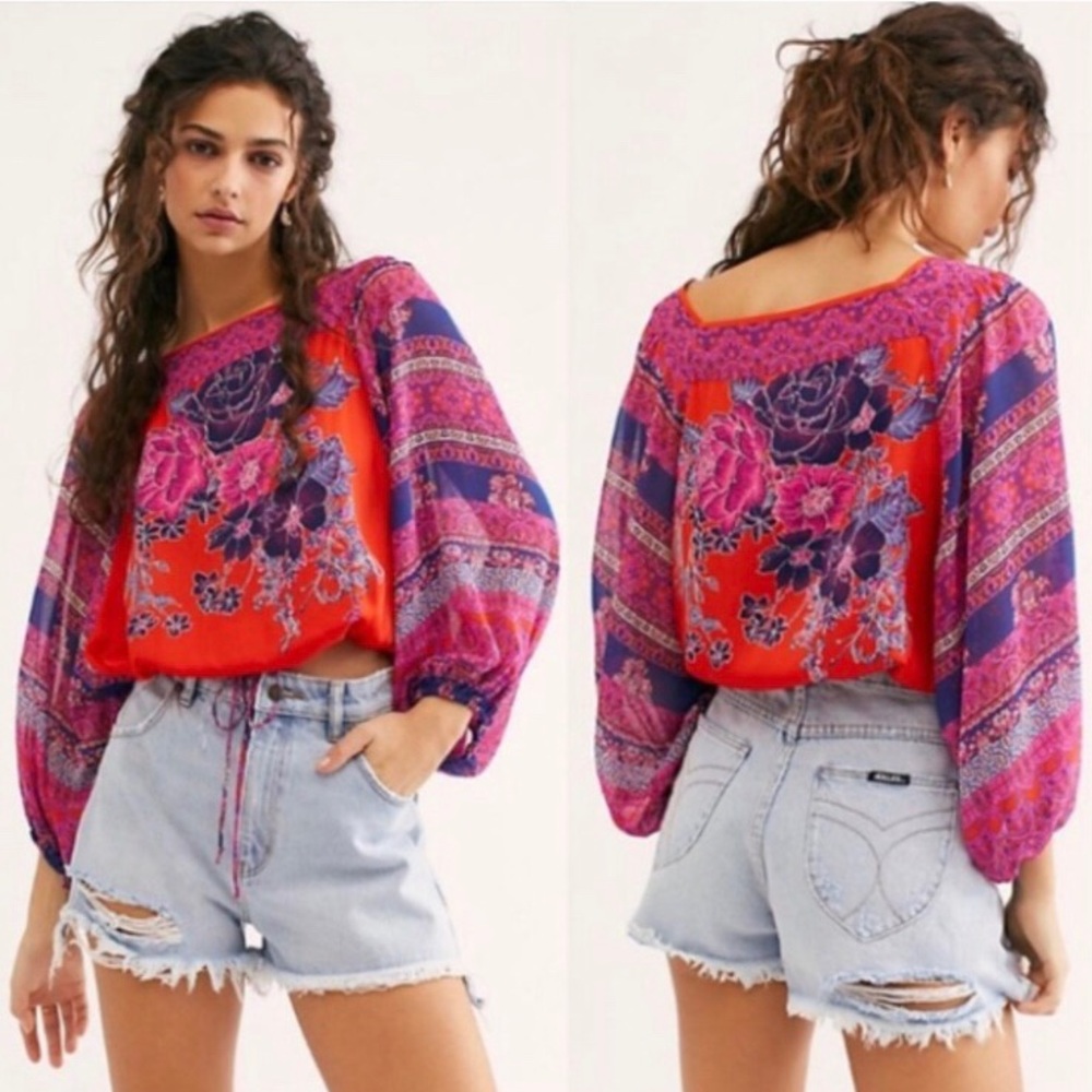 Free People Blue Nile Floral Print Top Blouse.